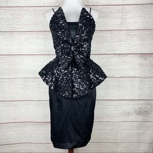 Vintage Night Way Black Sequin Peplum Bow Dress